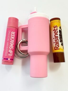 🆕 3D Tumbler Key Chain with Strawberry Frosting and Raisinets Lip Balms